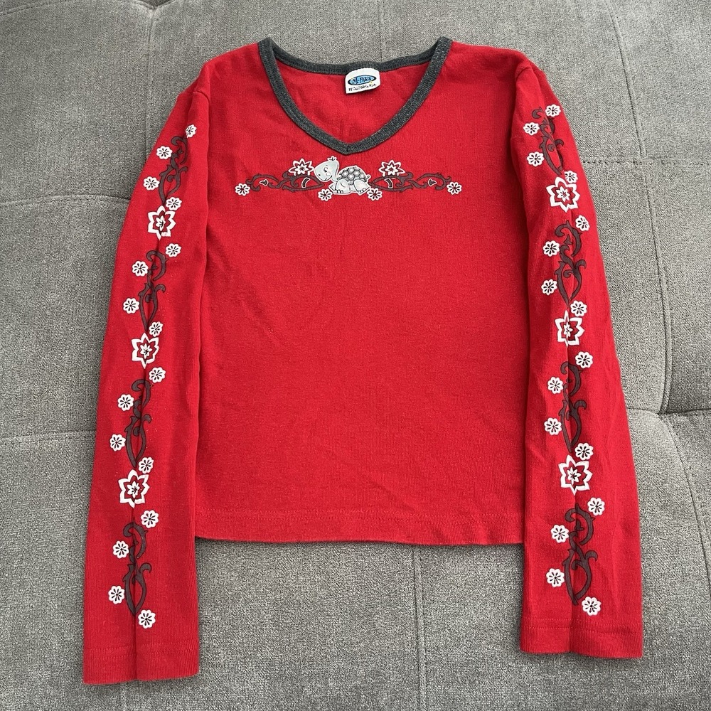 Vintage M-Fasis Cute Flowered Turtle Long Sleeve Shirt Womens Fits Small Red Y2K